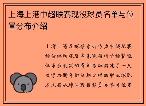 上海上港中超联赛现役球员名单与位置分布介绍