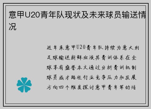 意甲U20青年队现状及未来球员输送情况